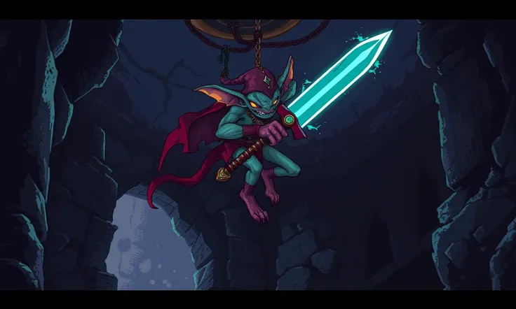 Glitchcore Art Style, retro game art pixel-art. In a medieval setting.
A goblin assassin clings to the ceiling of a darkened ruin, its slim body coiled like a spring, ready to pounce. Its blade gleams with poison as it watches the adventurers pass below, e...