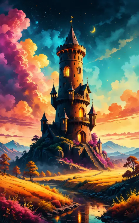 Fantasy landscape with ancient tower.digital painting, surrealism, aesthetic, bold gorgeous colours, high definition, super clear resolution, iridescent watercolor ink, acid influence, fantastic view, crisp quality, complex background, medium: old film gra...