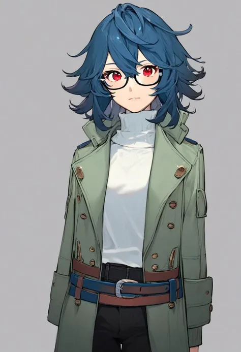 score_9, score_8_up, score_7_up, source_anime,   1girl, blue short hair, red eyes, white turtleneck, light green coat, really long coat, front view, vtuber model, hair between eyes, front facing, black pants, glasses, half-body,solo, white shirt, turtlenec...