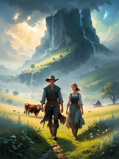 ethereal fantasy concept art of young male farmer and milkmaid in a misty meadow, intertwined fate, rugged clothes, torn clothes, rags, romantic genesis, cattle, in the style of Sam Bosma  and Christopher Balaskas , professional color grading <lora:xl_more...