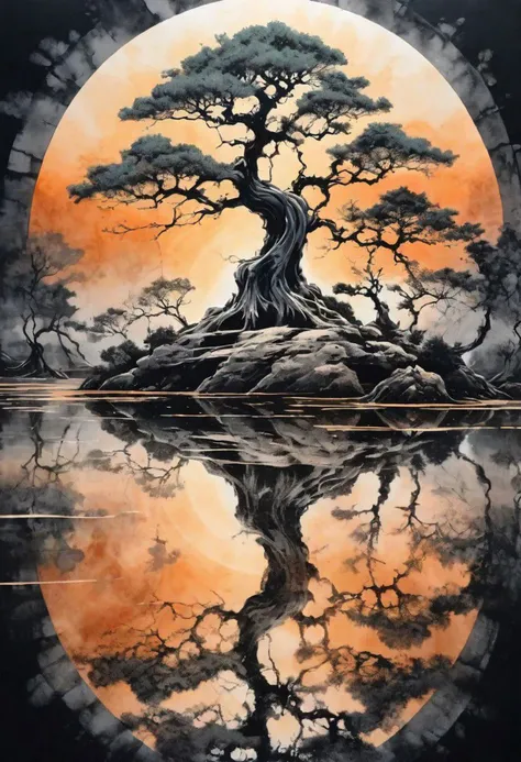 ink illustration, ink stains, ink splatters, ink runs, ink spots, faded ink, dramatic bonsai tree, plant on black reflective surface, sunrise, detailed, amazing natural lighting, earthy pastel colors, weeping for the lost children, symmetrical fractal patt...