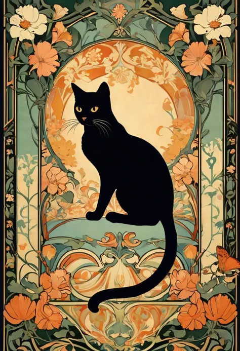 in Alphonse Mucha poster style|
masterpiece|
Black American domestic cat|
against a composition |
art nouveau, organic, flowery background|
small dancing playful mice in the background|
lithography, muted colors|
DOWDOW