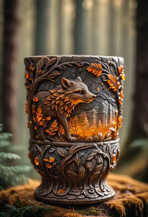 Photo of artistic stone cup with 3D carvings, little mause theme with forest background, decorated with amber accents, masterpiece of art, visually stunning, intricate details, sharp focus, 55mm f/ 1.8 lens, depth of field, natural daylight