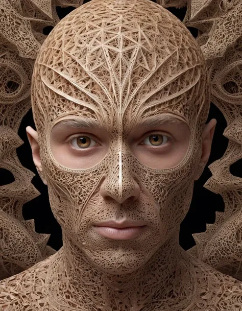 HDR photo of The image shows a fantastic character, with unusual facial features. He has fair skin covered in intricate patterns reminiscent of lace or coral. The eyes are large and round, with an unusual pattern around them, giving them an alien appearanc...