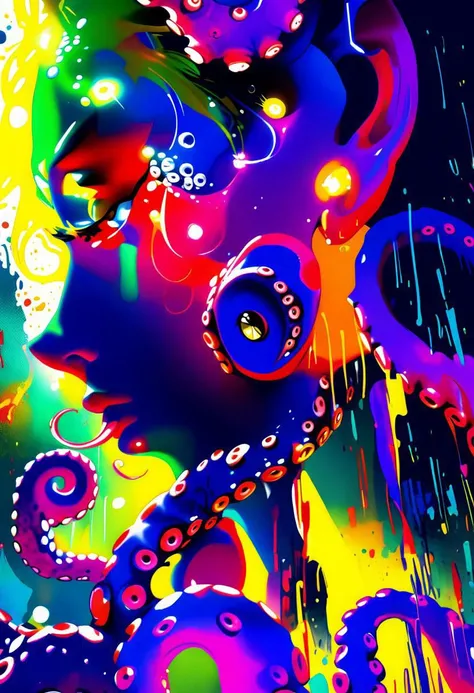 score_9, score_8_up, score_8_up, ((Cinematic composition)),((masterpiece)), (modern art), 8k. 
a clever octopus, (full body, tentacles propelling it forward). (glowing skull make up) on walks underwater, beams of colourful light defract. Background colours...