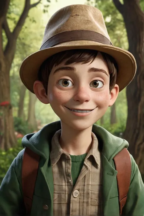 Annimation, in the style of the animated series [Over the Garden Wall], Greendale: "A young boy with a mischievous grin and a worn-out hat."