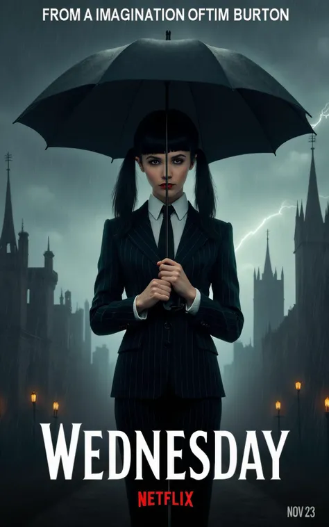 The image is a digitally rendered promotional poster for the Netflix series "Wednesday." The central figure is Wednesday Addams,a young woman with fair skin,dark hair styled in pigtails,and bangs. She is dressed in a formal black and white pinstriped suit ...