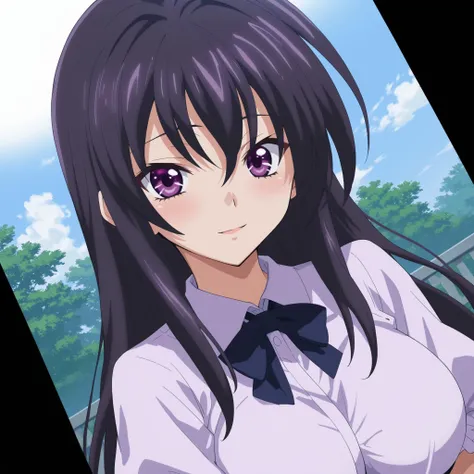 score_9, score_8_up, score_7_up, source_anime, BREAK,  <lora:raynare-dxd-v3-lordwrath:0.8>, Raynare, Black Hair, Long Hair, crossed bangs, purple eyes, Big breast, curvy, wide hips, , Dutch angle, white blouse with puffed sleeves, blue skirt, black sandals...