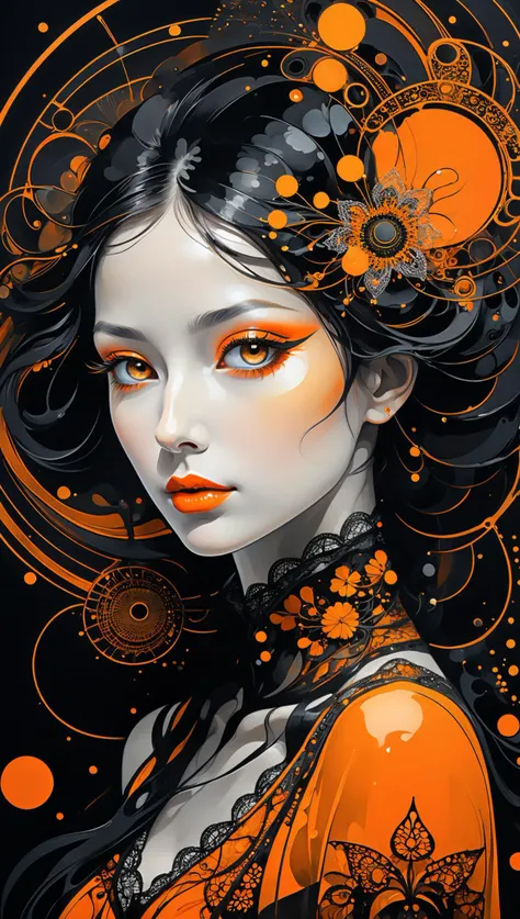 Wet black and orange color inks line art dreamy female portrait with lot of lace filigrees on black canvas illustration described in the perfect fractal style of Vassily Kandinsky, Jackson Pollock, Alphonse Mucha and Jeremy Mann, HQ, 4K Modifiers: 4K 3D, D...