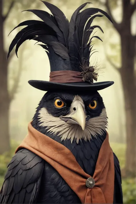 Annimation, in the style of the animated series [Over the Garden Wall], Beatrice: "A wise old crow with a knowing expression and a feather-adorned hat."