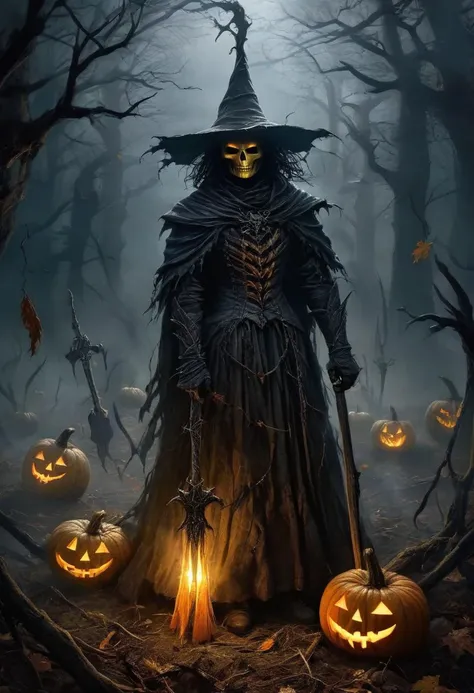 dark fantasy art, dark moody atmosphere, a menacing pumpkin-headed scarecrow looms in a moonlit cornfield, wielding a rusted pit...