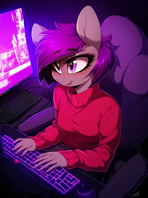 anime girl with purple hair and cat ears sitting in front of a computer