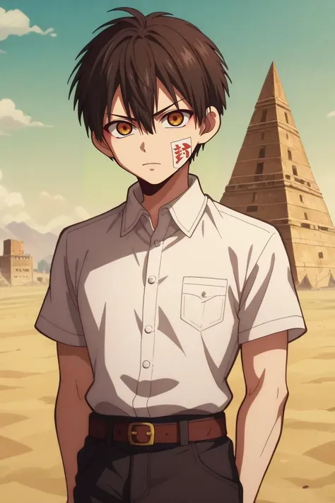 a man in a white shirt standing in front of a pyramid