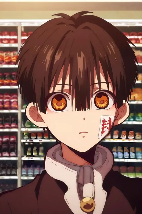 anime boy with brown eyes and brown hair in a store