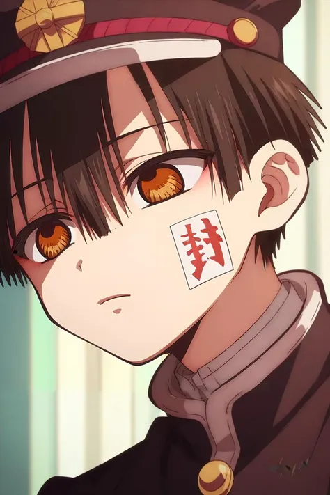 anime boy with a uniform and a sticker on his face