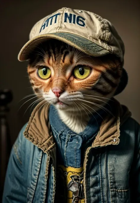 Realistic photo of an anthropomorphic cat dressed in human , wearing a cap and jacket, with big eyes and its head tilted to the side, against a studio background with soft light, in a portrait shot with high resolution photography in the style of hyper rea...