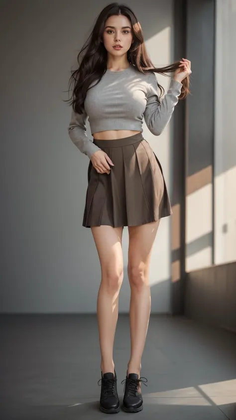 a woman in a skirt and crop top posing for a picture