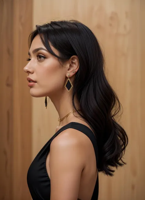 a woman wearing a black dress and gold earrings