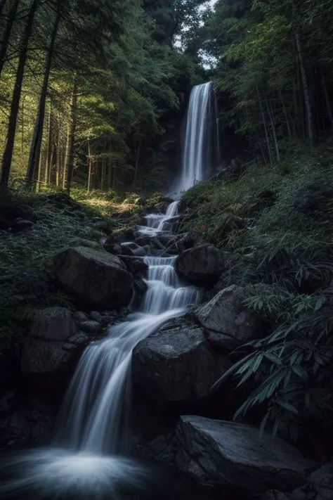 a waterfall in the woods with rocks and trees