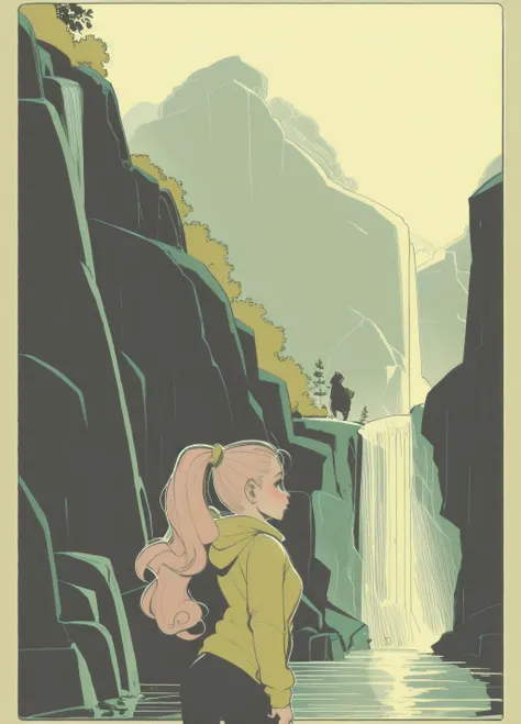 small breasts, bulky, <lora:long_ponytail_hairstyle:0.35> Long Ponytail, cashmere, happy[::1], oiled, beautiful scenery, waterfall, heavy rain, raining, standing, facing away[::1], looking at viewer,  <lora:Winton_Kidd_Style:0.85> winton kidd, silent comic...