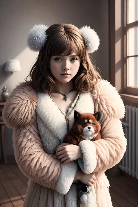 a woman in a fur coat holding a small dog in her arms