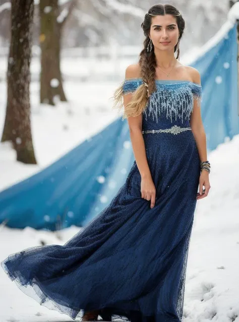 portrait photo of tuba_buyukustun as elsa character from disney animation frozen,(long blonde hair with braids style:1.1),blue dress,snowy background <lora:tuba2batch10rep20ep-000019:0.7>,