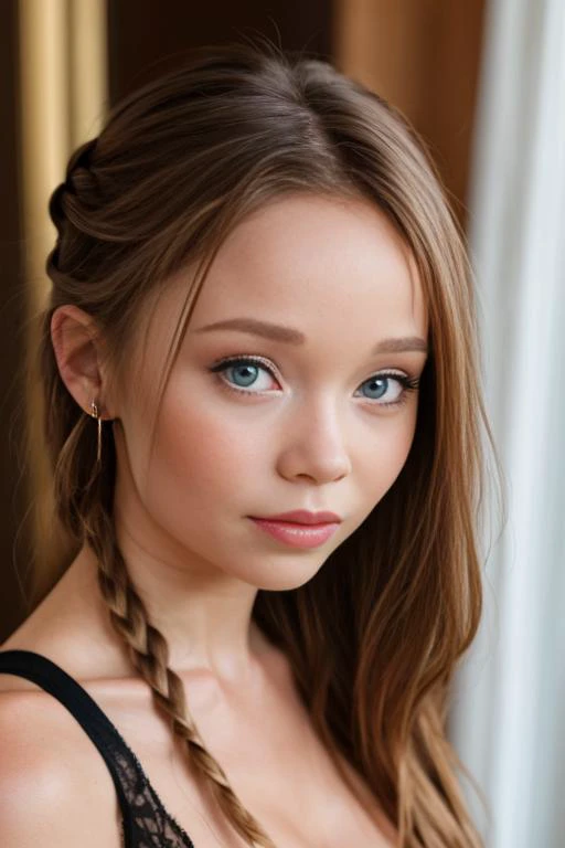 a woman with long hair and blue eyes posing for a picture