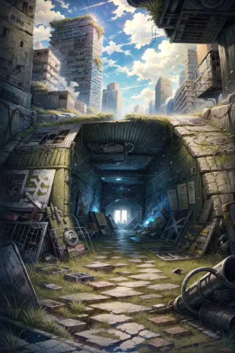 a painting of a tunnel with a sky background and a building