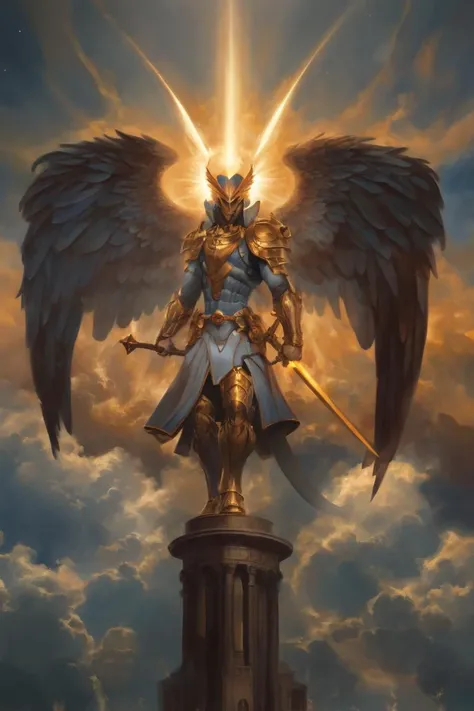 a painting of an angel with wings and a sword on top of a statue