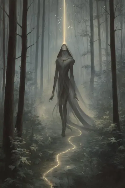 a woman in a white dress walking through a forest with a light beam