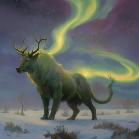 a painting of a deer standing in the snow with a aurora light in the background