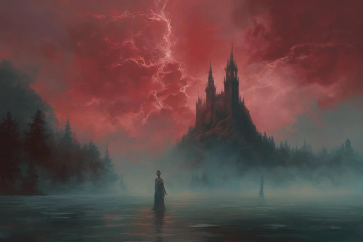 (Art by Peter Morbacher:1.3) A haunting realm where the rivers flow with luminescent blood under a crimson sky. Ghostly apparitions loom in the mist, their outlines flickering like dying embers <lora:Angelarium_v1.1_SDXL-step00003000:1>