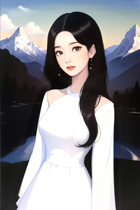 a painting of a woman in a white dress standing in front of a mountain