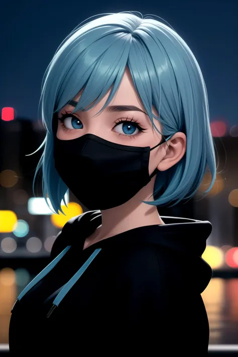 a woman with blue hair wearing a black mask and a black jacket