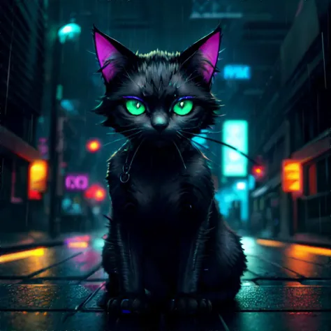 a black cat with green eyes sitting on a city street