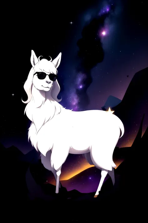 a close up of a llama with sunglasses on standing in the dark