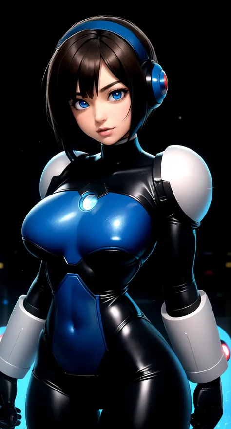 centered, digital art, upper body, (beautiful detailed eyes:1.2), | solo, woman, wearing the blue cybernetic armor with black parts of Megaman-X, tight bodysuit, brown hair, short hair, bangs, blue eyes, muscular proportions, | in a dungeon made all of met...