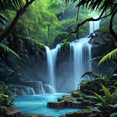 a close up of a waterfall in a jungle with trees