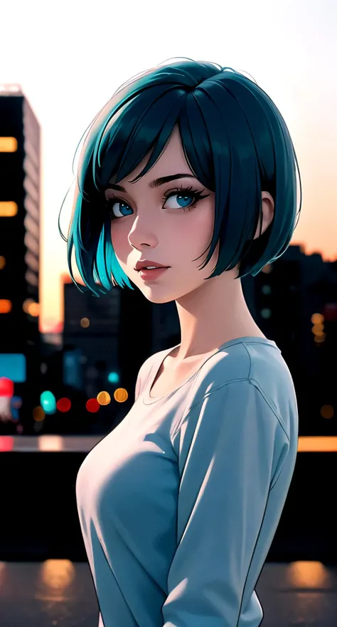 centered, award winning medium shot portrait, (hyperealistic), (beautiful detailed eyes), (gorgeous woman face), | solo, 1girl, short hair, aqua hair color, dark blue eyes color, | casual outfit, | sunset, city, tokyo, buildings, city lights, | depth of fi...