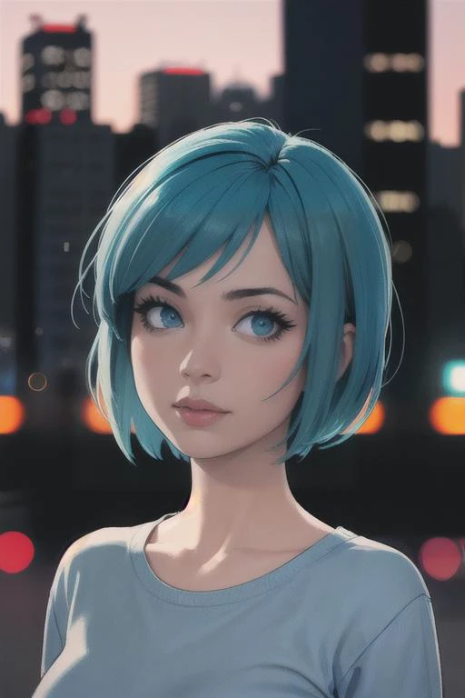 centered, facing viewer, award winning face portrait, (hyperealistic), (beautiful detailed eyes), (gorgeous woman face), | solo, 1girl, short hair, aqua hair color, dark blue eyes color, | casual outfit, | sunset, city, tokyo, buildings, city lights, | dep...
