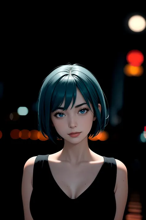 centered, award winning medium shot portrait, (hyperealistic), (beautiful detailed eyes), (gorgeous woman face), | solo, 1girl, short hair, aqua hair color, dark blue eyes color, | casual outfit, (small breasts:1.2), | sunset, city, tokyo, buildings, city ...