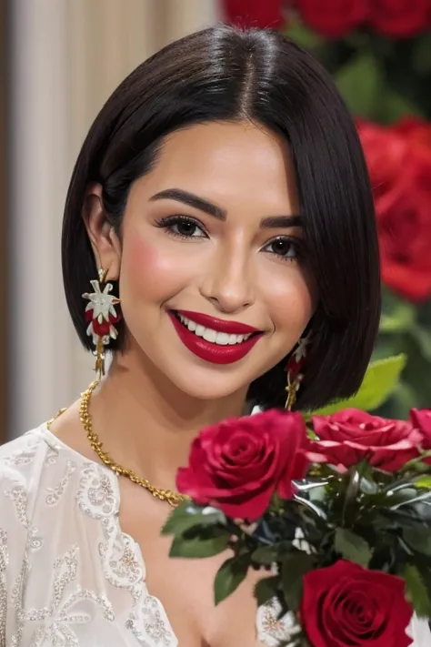 a woman with a bouquet of roses in her hand