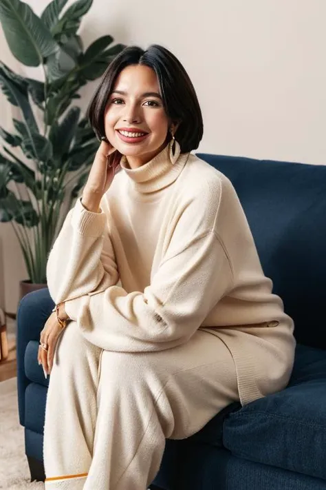 a woman sitting on a couch wearing a cream sweater and pants