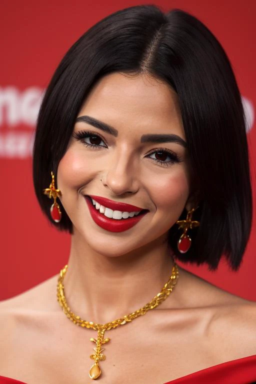 a woman with a red dress and gold necklace smiles at the camera