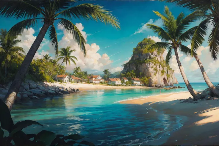 painting of a beach with palm trees and a cliff in the background