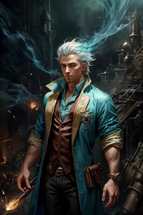 a profesional picture of 1man  Dr. Alistair "Cogsworth": A genius inventor with mismatched eyes (one sapphire blue, the other a whirring mechanical contraption) and an unruly shock of white hair. His lab coat, permanently stained with strange concoctions, ...