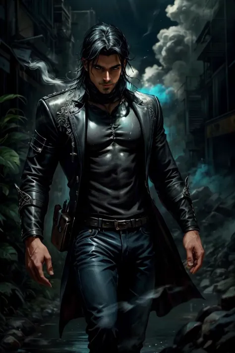 a man in a black leather jacket walking down a street