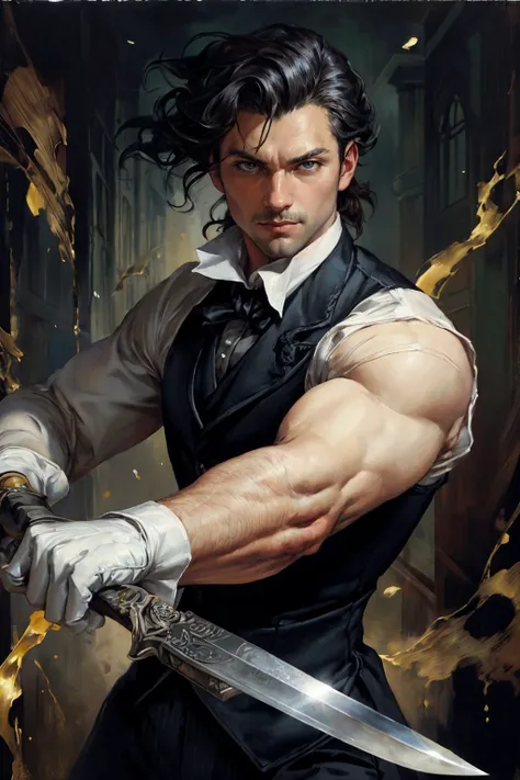 illustration of a victorian male butler, in a victorian mansion, white gloves, face portrait, close-up, muscular, holding daggers, dual wielding, fighting stance, throwing knives, solo, outdoors, best quality, masterpiece, intricate details, (surreal), (il...