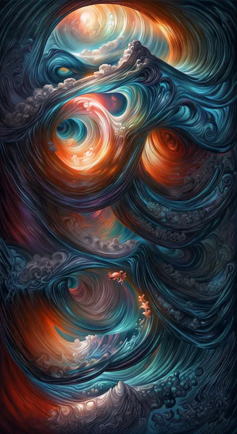 a painting of a wave with a bright light coming out of it