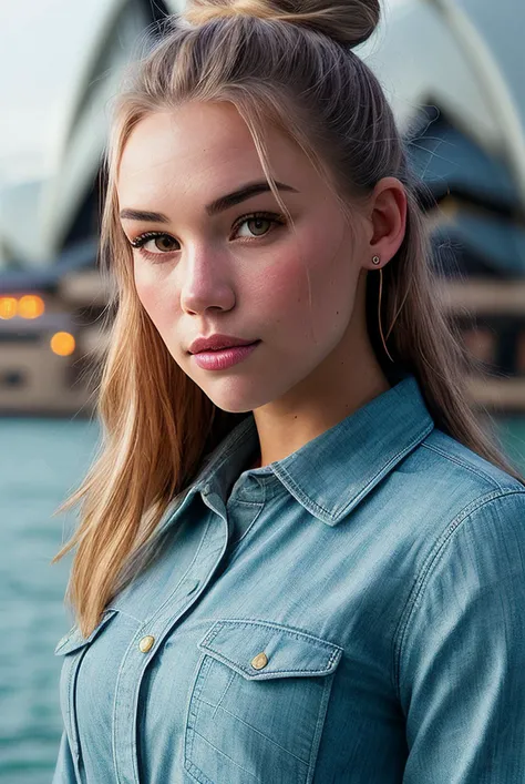 beautiful woman (EPS4d13Fr33m4n:.99), Whimsical topknot bun, fun and carefree, , jewellery, ((portrait)), (closeup:1.2), ((from the waist up)), ((( Sydney Opera House - Sydney, Australia :1.2 ))), natural skin texture, (( Chambray Button-Up and Pearl Jewel...